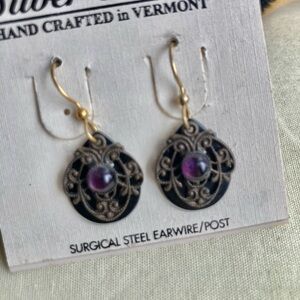 Silver Forest Vintage Gold-Tone Filigree Drop Earrings with Purple Stone
